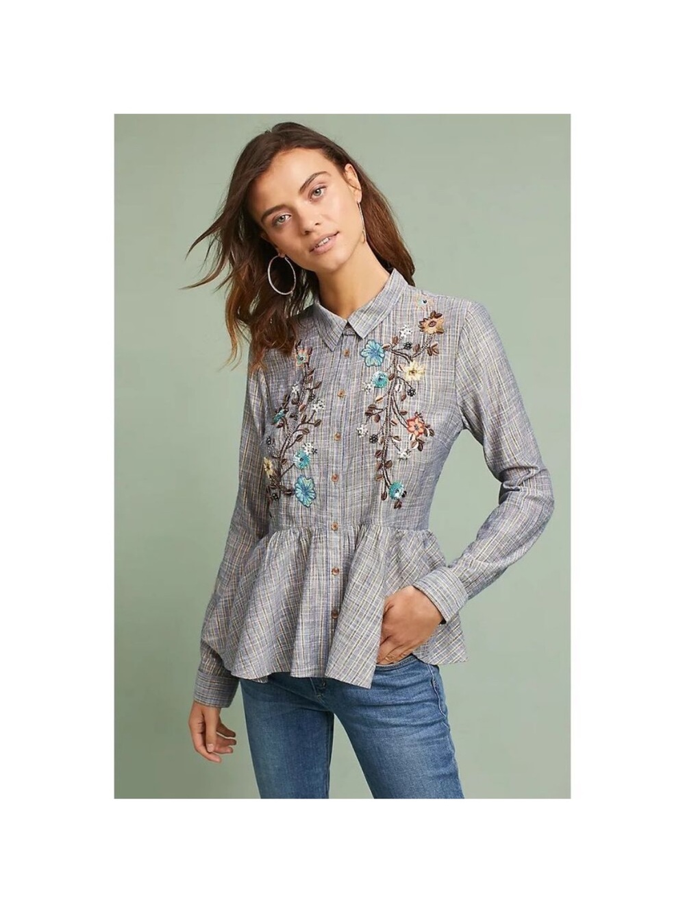 Anthropologie HD In Paris Ella Floral Embroidered Beaded Peplum Shirt Bohemian